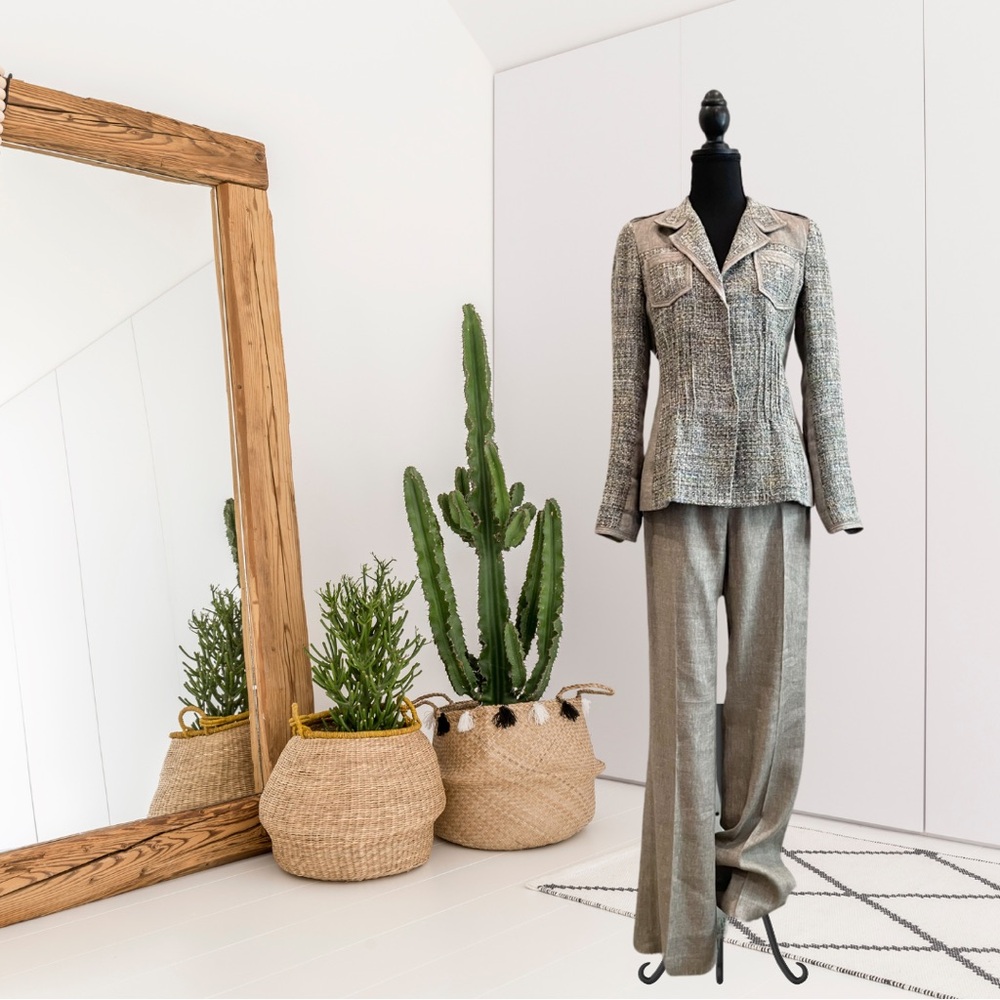 Elie Tahari 2 PC Linen Blend Tweed Blazer Pants Suit Set